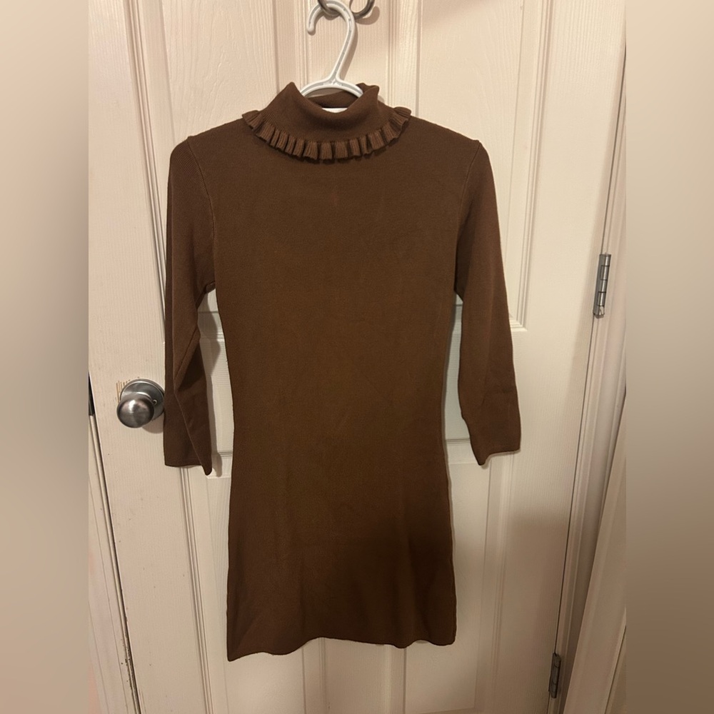 Axara Paris Brown Ribbed Turtleneck Dress